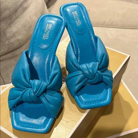 Michael Kors Elena Blue Heeled Sandals with Knot Detail, Leather