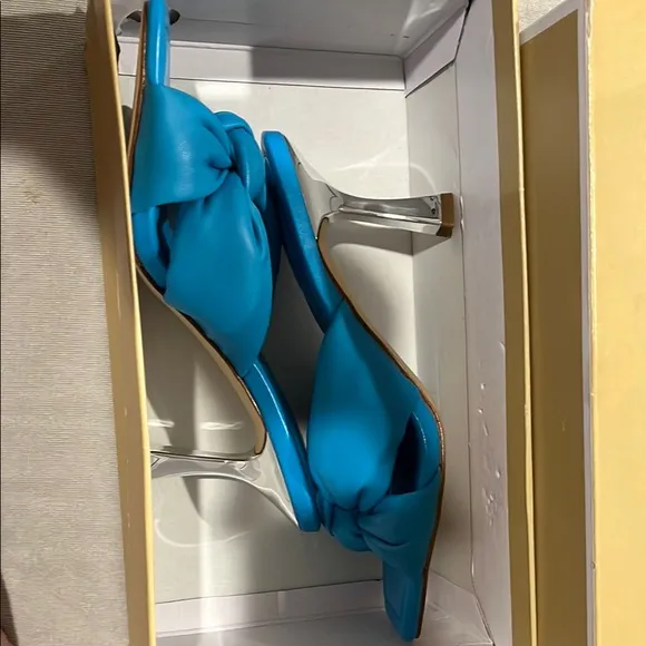 Michael Kors Elena Blue Heeled Sandals with Knot Detail, Leather