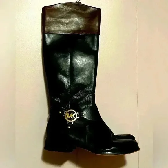 MICHAEL KORS FULTON HARNESS BLACK MOCHA LEATHER RIDING BOOTS WOMENS SIZE 8