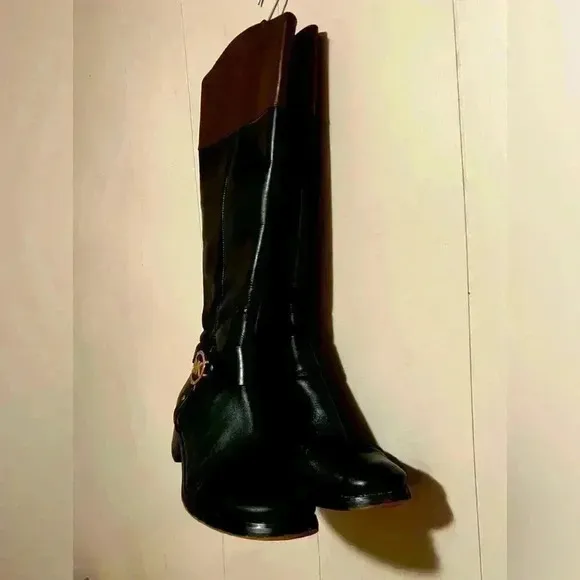 MICHAEL KORS FULTON HARNESS BLACK MOCHA LEATHER RIDING BOOTS WOMENS SIZE 8