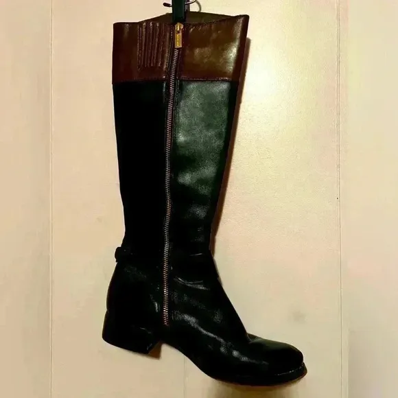 MICHAEL KORS FULTON HARNESS BLACK MOCHA LEATHER RIDING BOOTS WOMENS SIZE 8