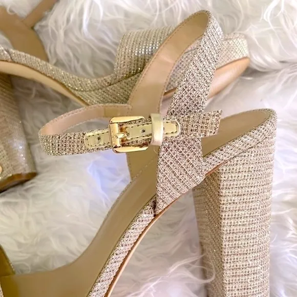Michael Kors Pale Gold Metallic Shimmer Ankle Strap Block Heeled Sandals Pumps