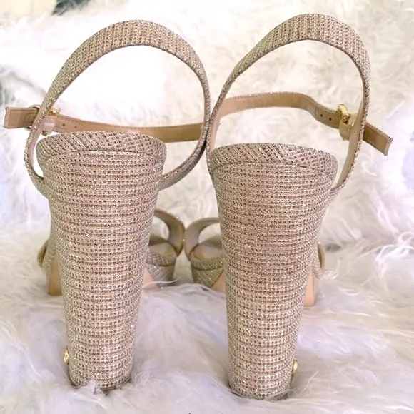 Michael Kors Pale Gold Metallic Shimmer Ankle Strap Block Heeled Sandals Pumps