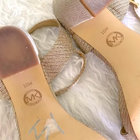 Michael Kors Pale Gold Metallic Shimmer Ankle Strap Block Heeled Sandals Pumps