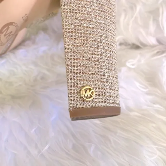 Michael Kors Pale Gold Metallic Shimmer Ankle Strap Block Heeled Sandals Pumps