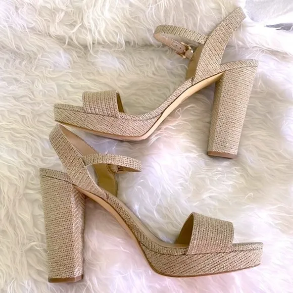 Michael Kors Pale Gold Metallic Shimmer Ankle Strap Block Heeled Sandals Pumps