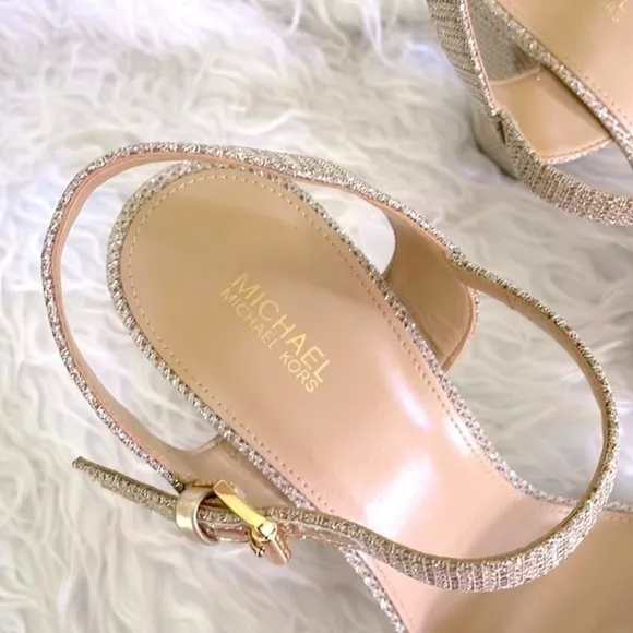 Michael Kors Pale Gold Metallic Shimmer Ankle Strap Block Heeled Sandals Pumps