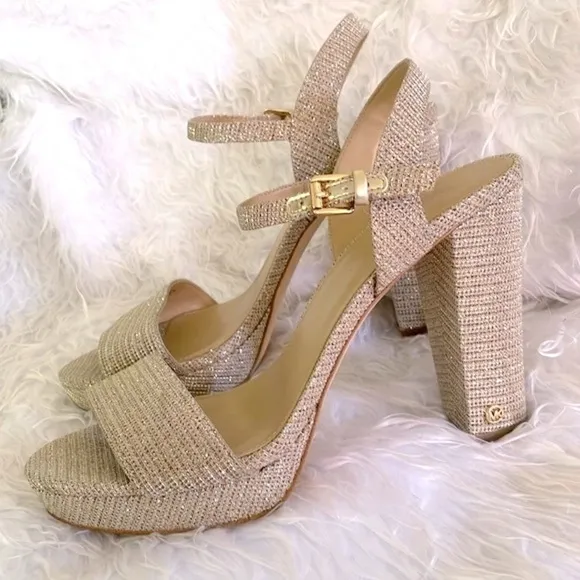 Michael Kors Pale Gold Metallic Shimmer Ankle Strap Block Heeled Sandals Pumps