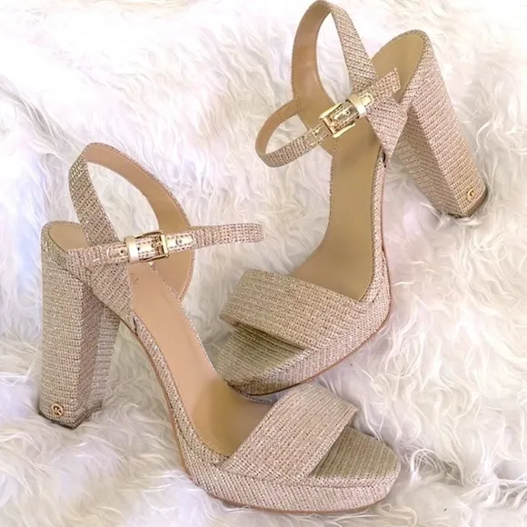 Michael Kors Pale Gold Metallic Shimmer Ankle Strap Block Heeled Sandals Pumps
