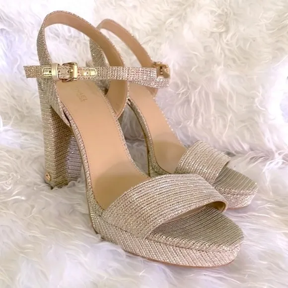 Michael Kors Pale Gold Metallic Shimmer Ankle Strap Block Heeled Sandals Pumps