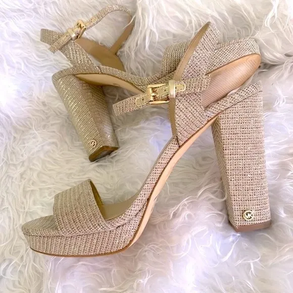 Michael Kors Pale Gold Metallic Shimmer Ankle Strap Block Heeled Sandals Pumps