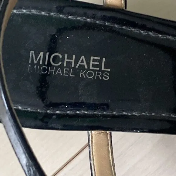 Michael Kors Women's Ramona Luggage Patent Leather Wedge Sandals Black Size 8