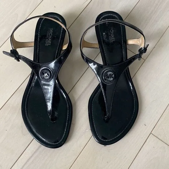 Michael Kors Women's Ramona Luggage Patent Leather Wedge Sandals Black Size 8