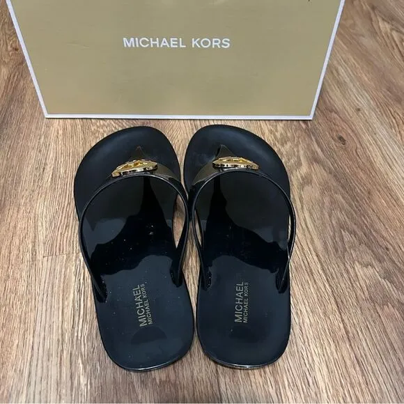 Michael Kors Jelly Thong Flip Flop Black gold sandals women’s 8 new