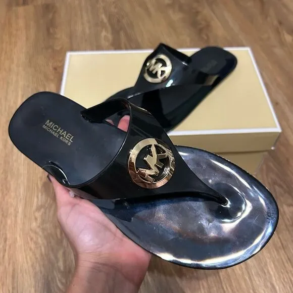 Michael Kors Jelly Thong Flip Flop Black gold sandals women’s 8 new