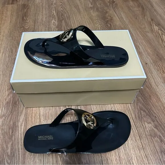 Michael Kors Jelly Thong Flip Flop Black gold sandals women’s 8 new