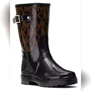 Michael Kors MK Logo Rain Boots, Women's sz 8m, black &amp; tan
