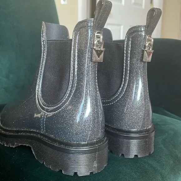 Micheal Kors Tipton grey glitter lug sole Chelsea ankle booties rainboots