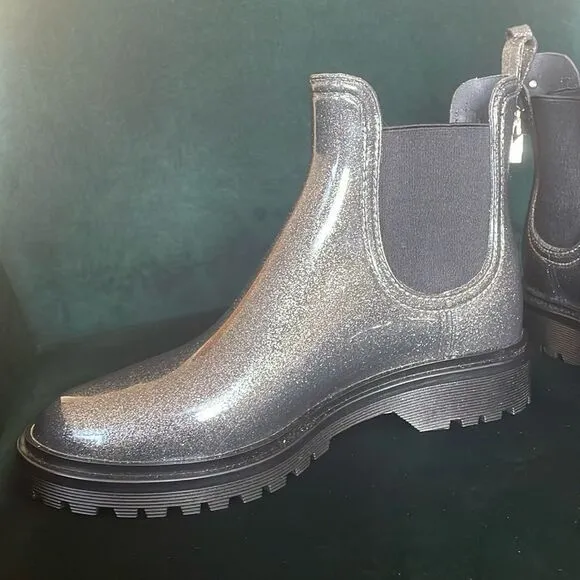 Micheal Kors Tipton grey glitter lug sole Chelsea ankle booties rainboots