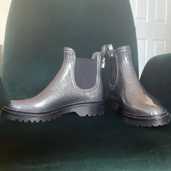Micheal Kors Tipton grey glitter lug sole Chelsea ankle booties rainboots