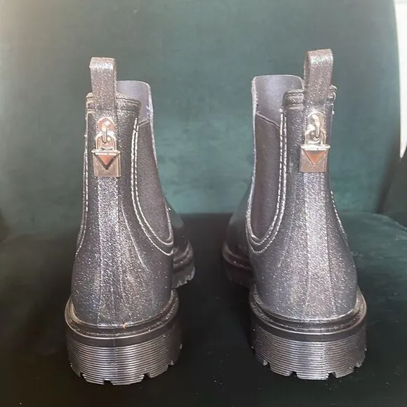 Micheal Kors Tipton grey glitter lug sole Chelsea ankle booties rainboots