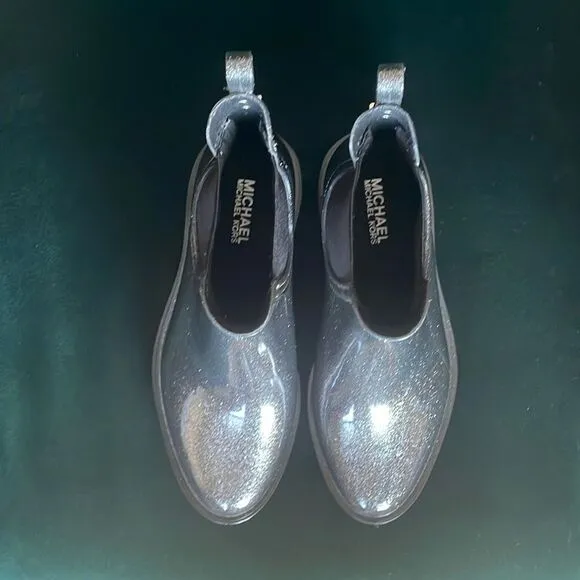 Micheal Kors Tipton grey glitter lug sole Chelsea ankle booties rainboots