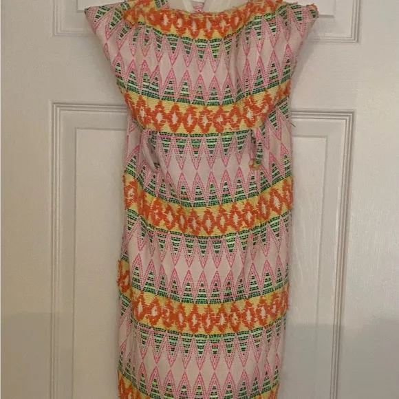 Milly of NY Strapless Pink and Green Diamond Pattern Textured Sheath Dress Sz  2