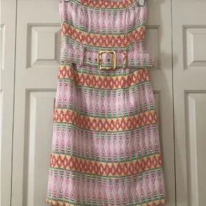 Milly of NY Strapless Pink and Green Diamond Pattern Textured Sheath Dress Sz  2