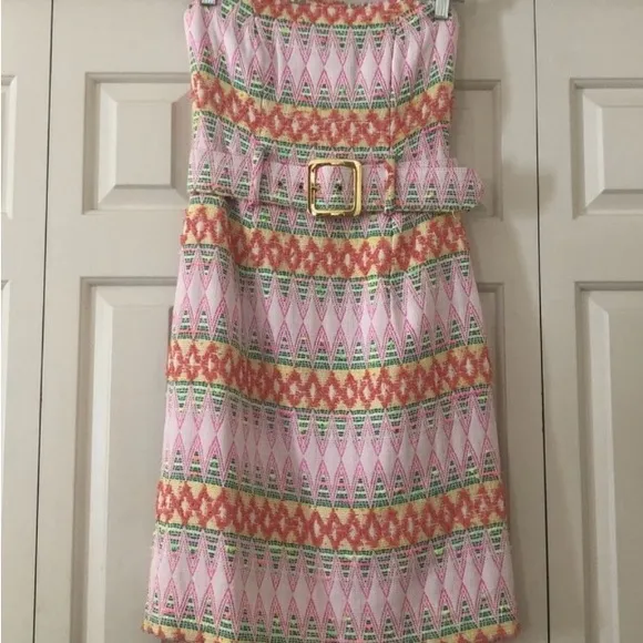Milly of NY Strapless Pink and Green Diamond Pattern Textured Sheath Dress Sz  2