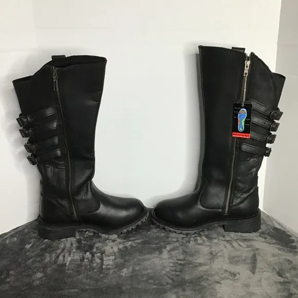 Milwaukee Leather Womens Black Genuine Leather Boots With Calf Buckels Size 8