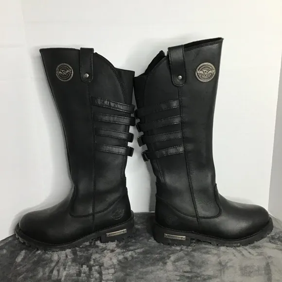 Milwaukee Leather Womens Black Genuine Leather Boots With Calf Buckels Size 8