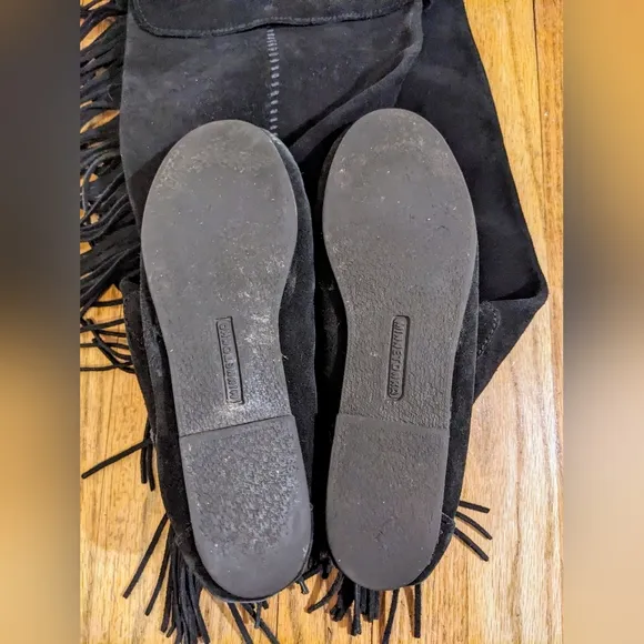 Minnetonka Tall Totem Black Suede Fringe Boots sz 8