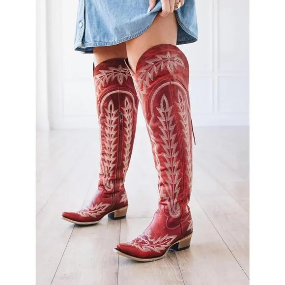 MissHee Cowgirl Boots Womens Rad Polyurethane (PU) Adjustable Thigh