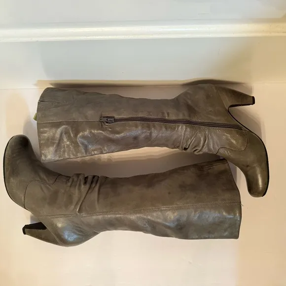 MIZ MOOZ BOOTS TALL GRAY LEATHER HEELS SIDE ZIP SIZE 8 SHELLEY SHOES