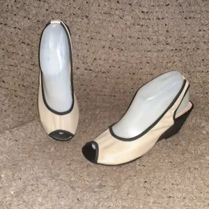 MIZ MOOZ-Dory-Beige Leather/Black Elastic Stretch Slingbacks-Sz 38.5-Excellent