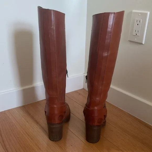 Moma Brown Leather Knee High Harness Round Toe Heeled Riding Boots Size 37