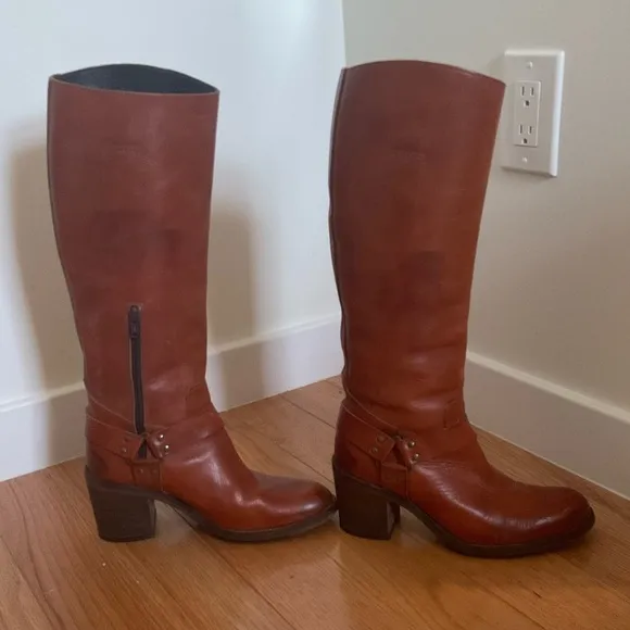Moma Brown Leather Knee High Harness Round Toe Heeled Riding Boots Size 37