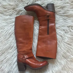 Moma Brown Leather Knee High Harness Round Toe Heeled Riding Boots Size 37