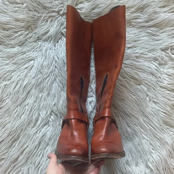 Moma Brown Leather Knee High Harness Round Toe Heeled Riding Boots Size 37