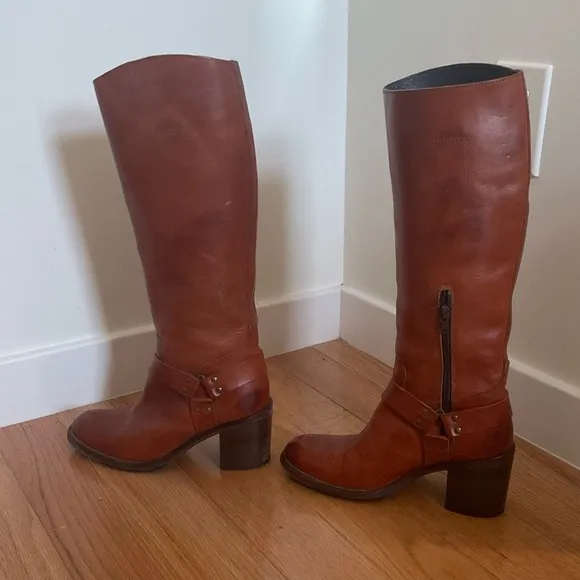 Moma Brown Leather Knee High Harness Round Toe Heeled Riding Boots Size 37