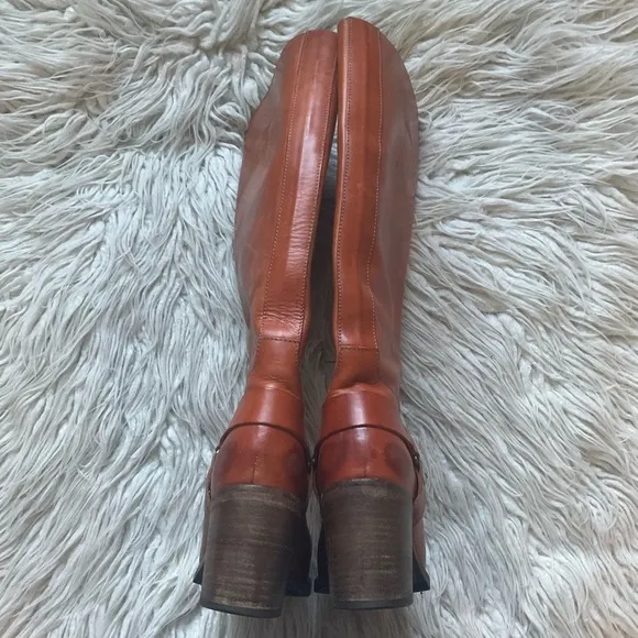 Moma Brown Leather Knee High Harness Round Toe Heeled Riding Boots Size 37