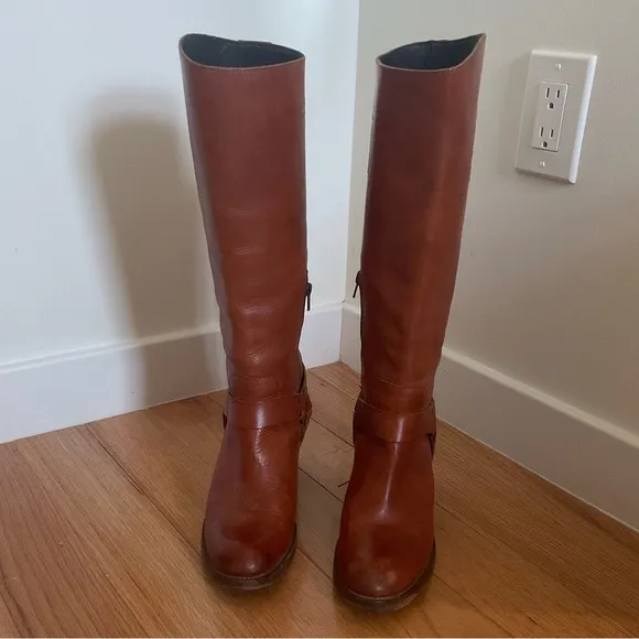 Moma Brown Leather Knee High Harness Round Toe Heeled Riding Boots Size 37