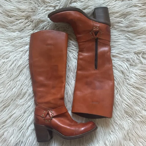 Moma Brown Leather Knee High Harness Round Toe Heeled Riding Boots Size 37
