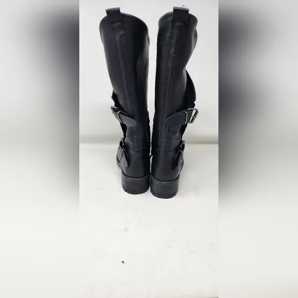 MUSSE &amp; CLOUD MOTO BOOT Black Heeled Boots with Buckle Straps and Sturdy Design