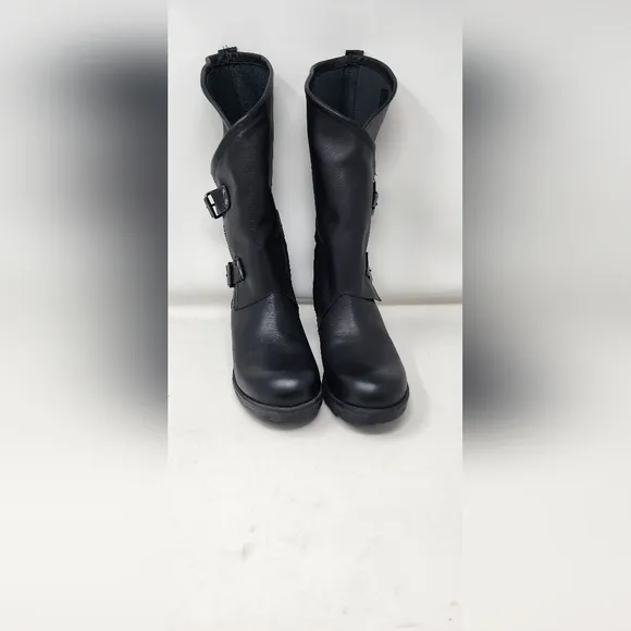MUSSE &amp; CLOUD MOTO BOOT Black Heeled Boots with Buckle Straps and Sturdy Design