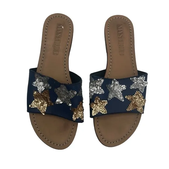 Mystique Blue Gold Silver Sequin Star Flip Flop Sandals Size 7 Women’s