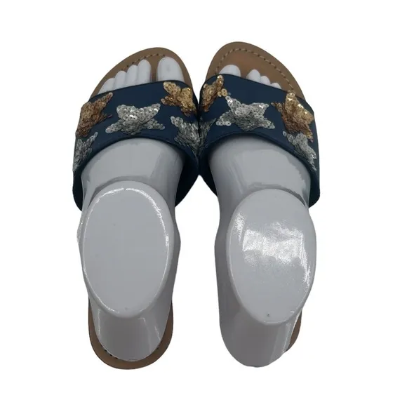 Mystique Blue Gold Silver Sequin Star Flip Flop Sandals Size 7 Women’s
