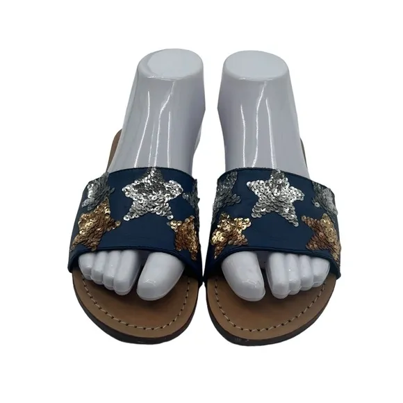Mystique Blue Gold Silver Sequin Star Flip Flop Sandals Size 7 Women’s