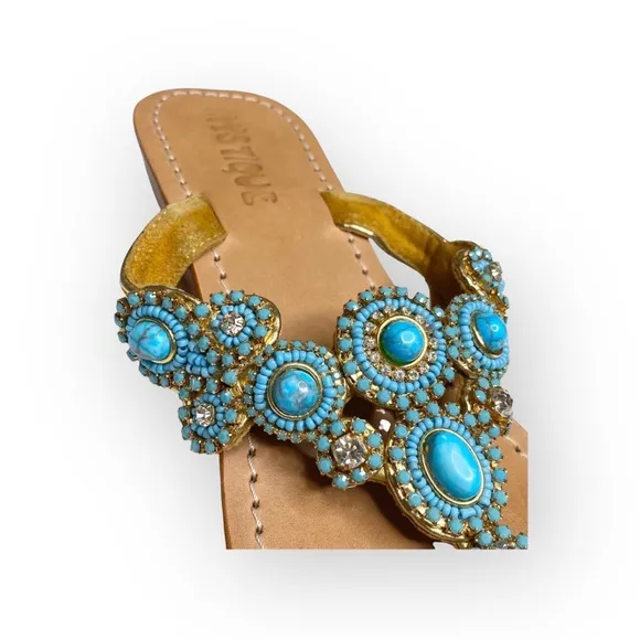 Mystique ☀︎︎ Caribbean Larimar Turquoise Crystal Bead Sandals ☀︎︎ Handmade ☀︎︎7M