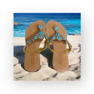 Mystique ☀︎︎ Caribbean Larimar Turquoise Crystal Bead Sandals ☀︎︎ Handmade ☀︎︎7M